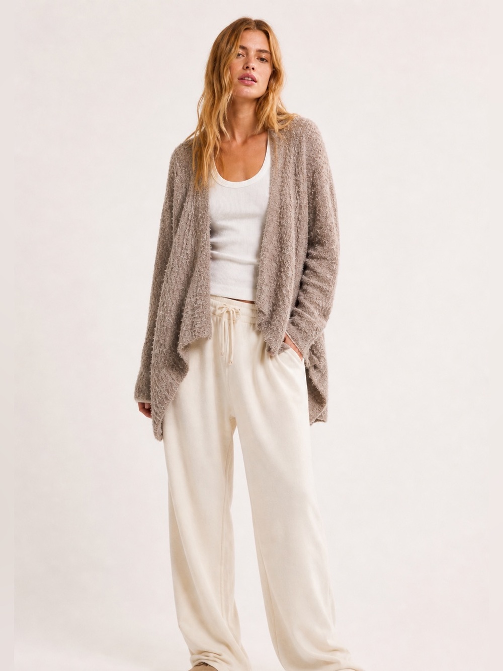 Anthropologie Moth Bouclé‎ Open Front Cardigan Alpaca Wool Blend Taupe Small